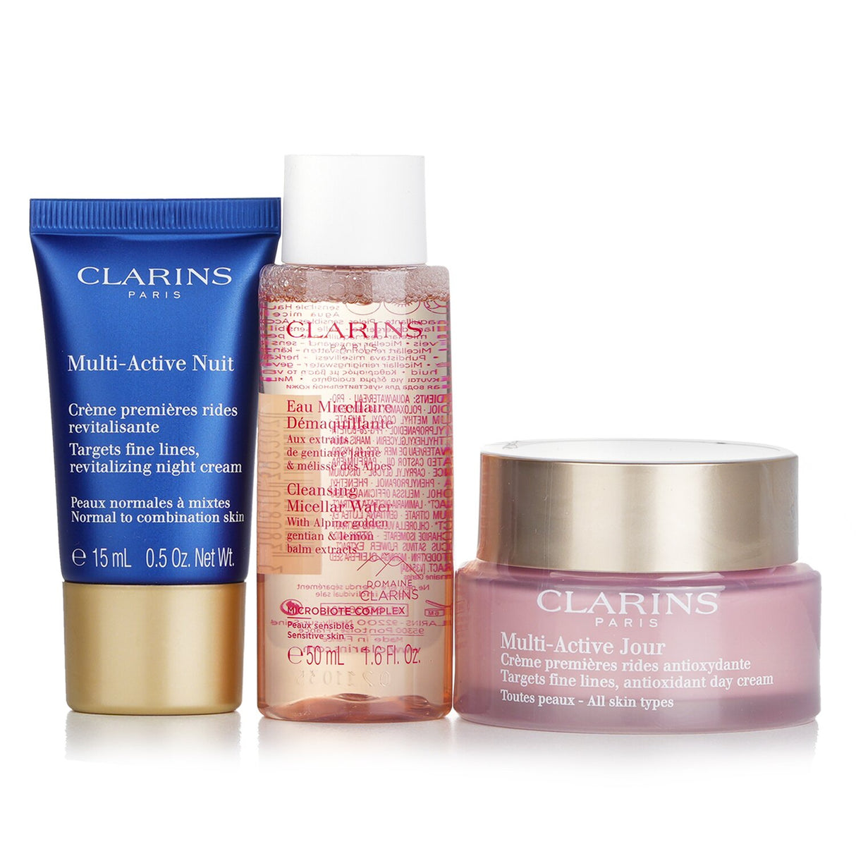 Clarins Multi Active Set featuring day and night creams, cleansing water, and a stylish sustainable pouch for skincare lovers.