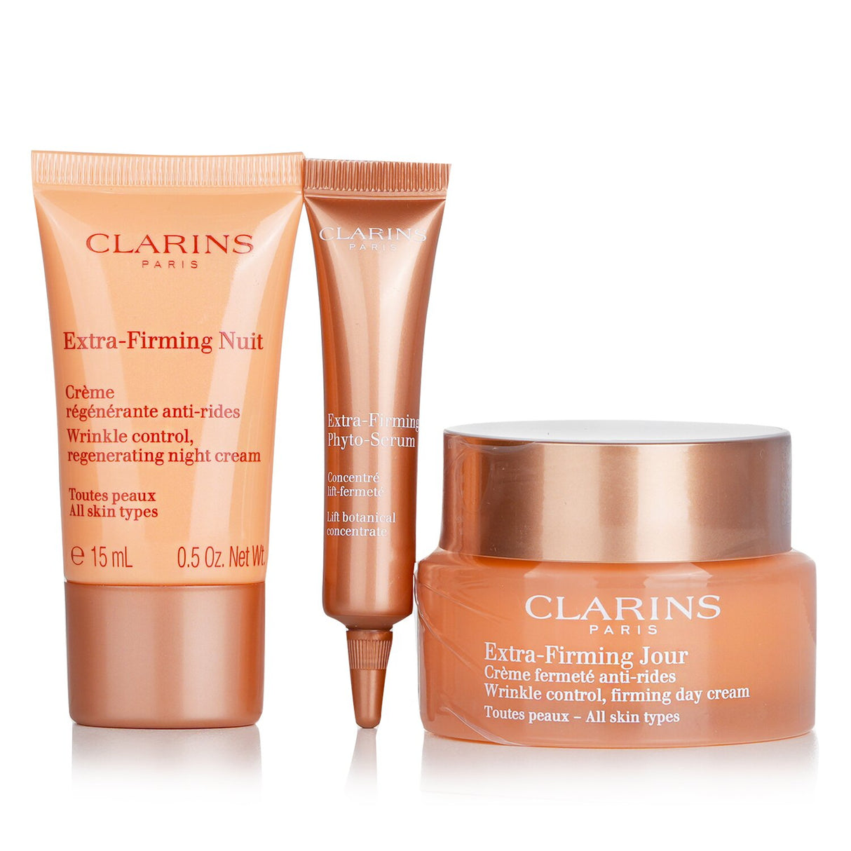 Clarins Extra Firming Set: Three anti-aging skincare products with a stylish sustainable pouch for radiant, youthful skin.