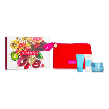 Clarins Hydra-Essentials Collection featuring 3 skincare products and a chic bag, perfect for hydration and travel.