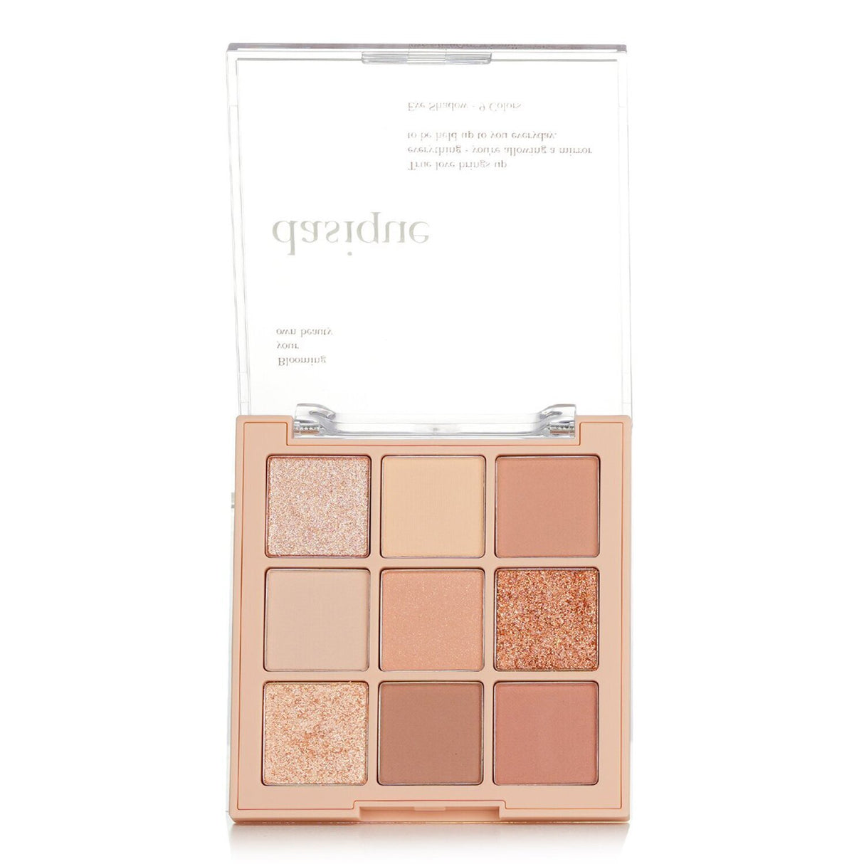 Vegan eyeshadow palette with nine pigmented nude shades in various textures for versatile, long-lasting eye looks.