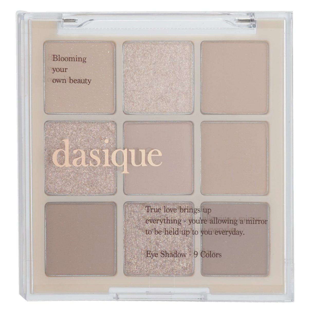 Vegan Dasique #07 Milk Latte Shadow Palette with 9 highly pigmented shades, featuring velvet, matte, shimmer, and glitter textures.