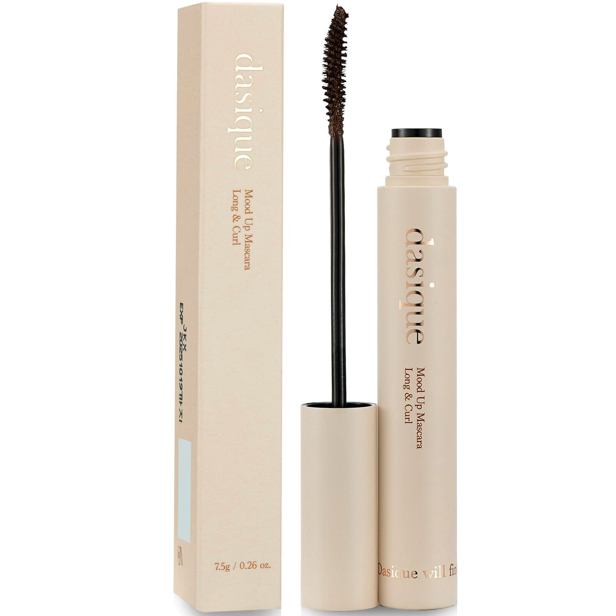 Dasique Mood Up Mascara in Choco Brown enhances lashes with length, curl, and nourishment for stunning all-day wear.