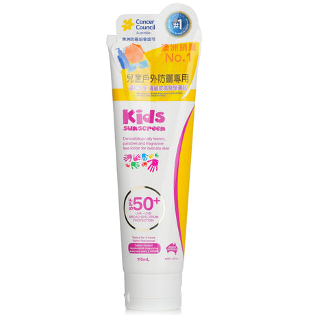 Ultra-high SPF 50+ kids sunscreen offering broad-spectrum protection, water resistance, and dermatologically tested for sensitive skin.