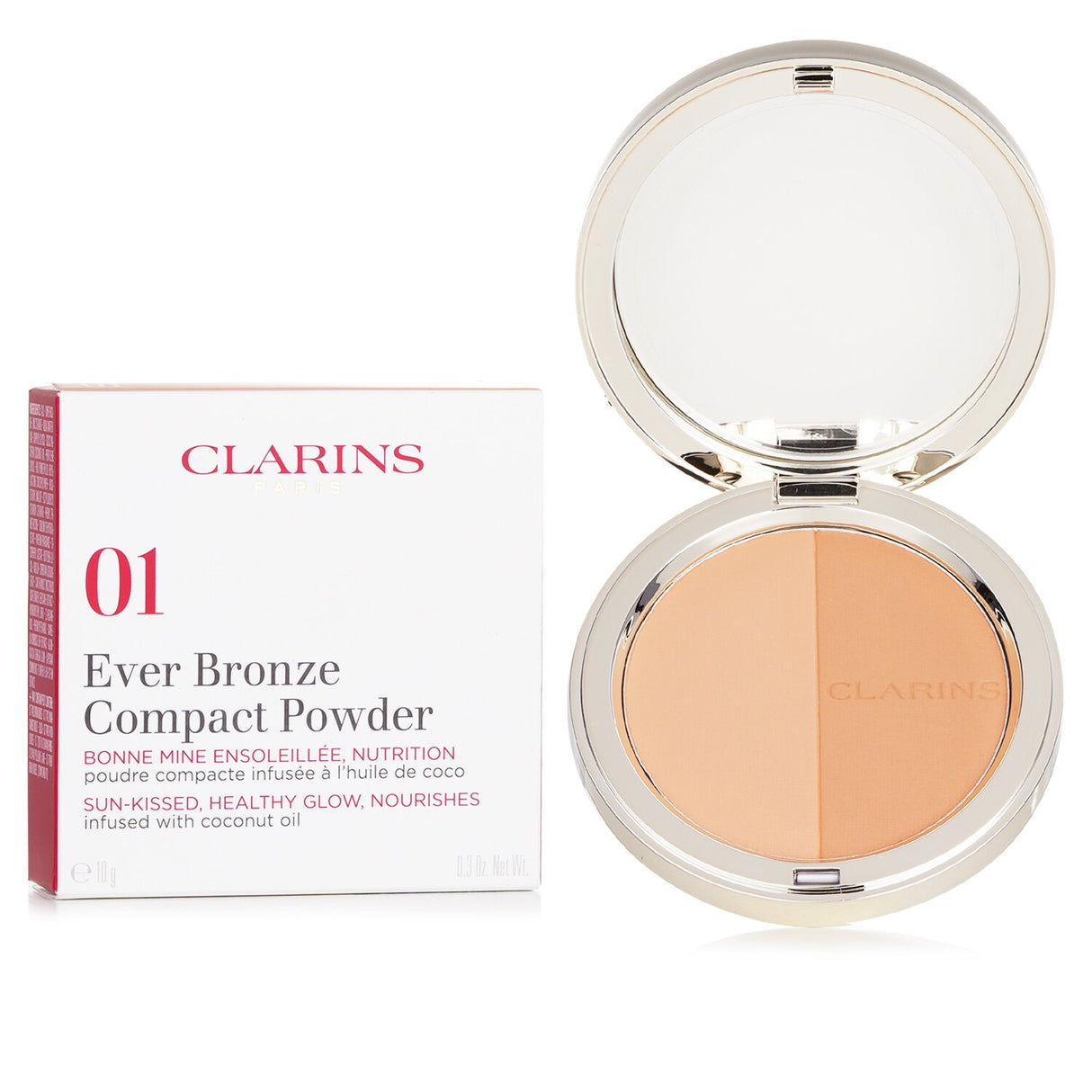 Clarins Ever Bronze Compact Powder #01 Light, 10g, offers a lightweight formula for a natural, sun-kissed glow with skin-loving ingredients.