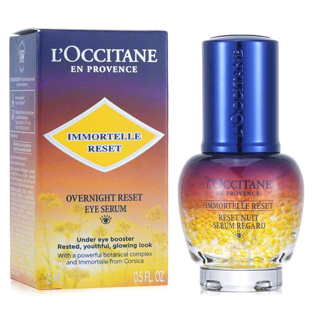 L'Occitane Immortelle Reset Overnight Eye Serum in a 15ml bottle, boosts rejuvenation for tired eyes and reduces dark circles.