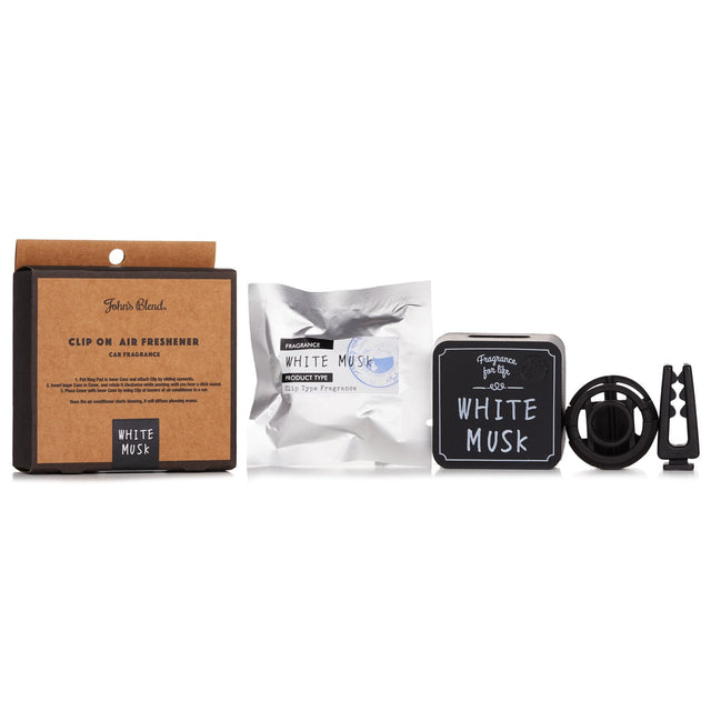 Clip-on air freshener in White Musk scent, compact design, ideal for refreshing car interiors, lasts 30 days.