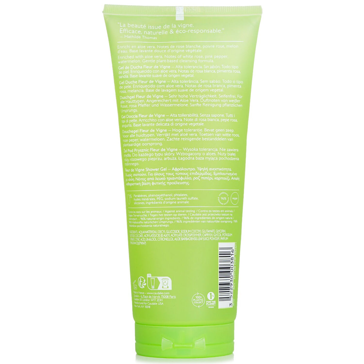 Caudalie Fleur De Vigne Shower Gel, a 200ml plant-based cleanser with aloe vera, lightly scented for sensitive skin.