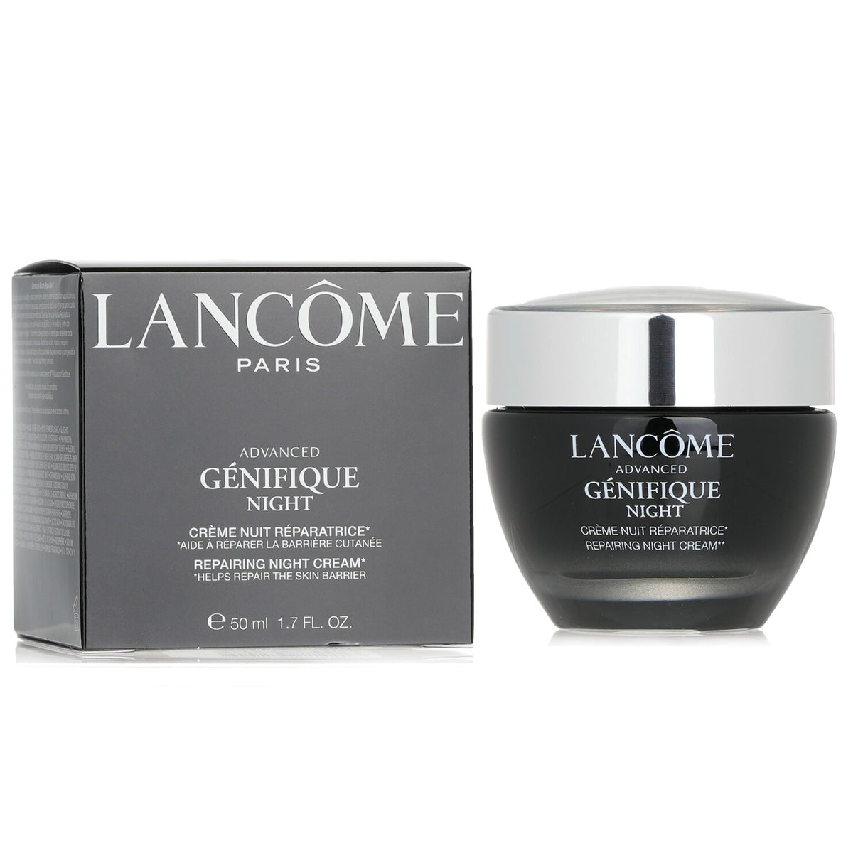 Luxurious Lancome Advanced Genifique Night Cream in a 50ml jar, designed for youthful, hydrated skin with natural ingredients.