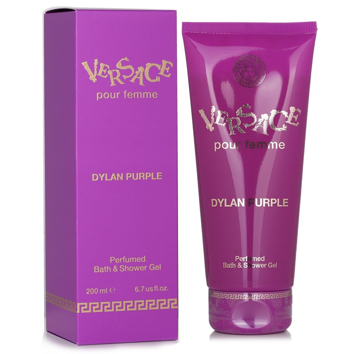 Luxurious Versace Dylan Purple Perfumed Bath & Shower Gel with an elegant floral and woodsy fragrance, 200ml size.