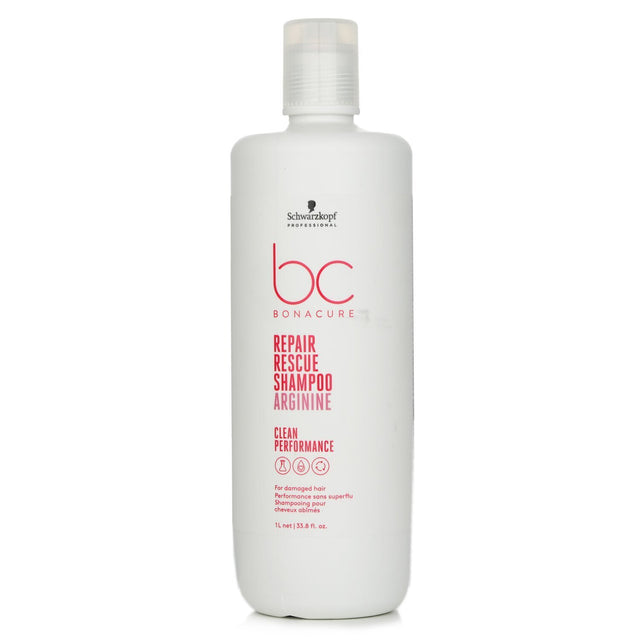 Schwarzkopf BC Repair Rescue Shampoo Arginine for damaged hair, 1000ml, revitalizing formula with vegan keratin and arginine.