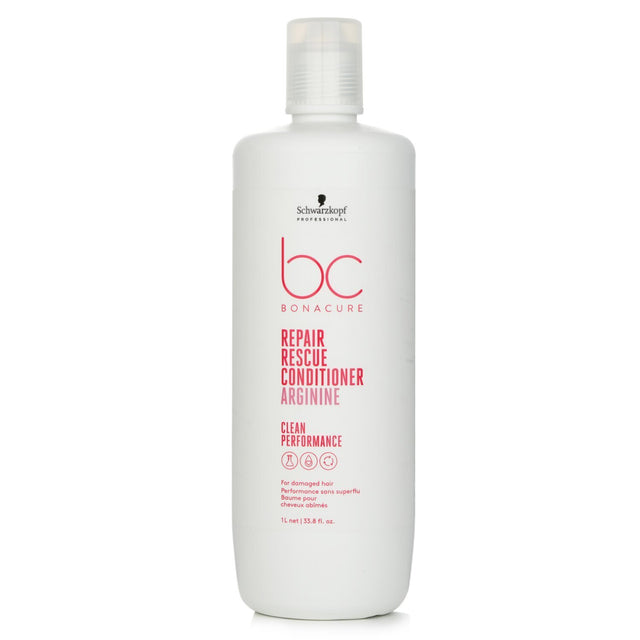 Schwarzkopf BC Repair Rescue Conditioner in 1000ml, designed to repair and revitalize damaged hair with vegan keratin and arginine.