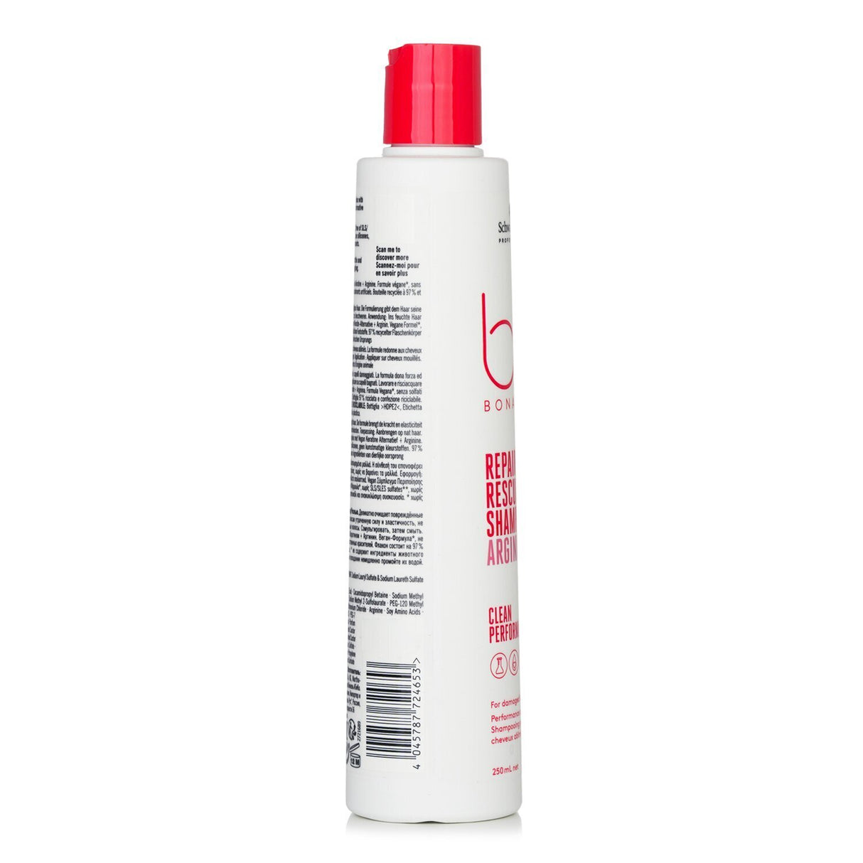 Schwarzkopf BC Repair Rescue Shampoo for damaged hair, enriched with vegan keratin and arginine for strength and shine.