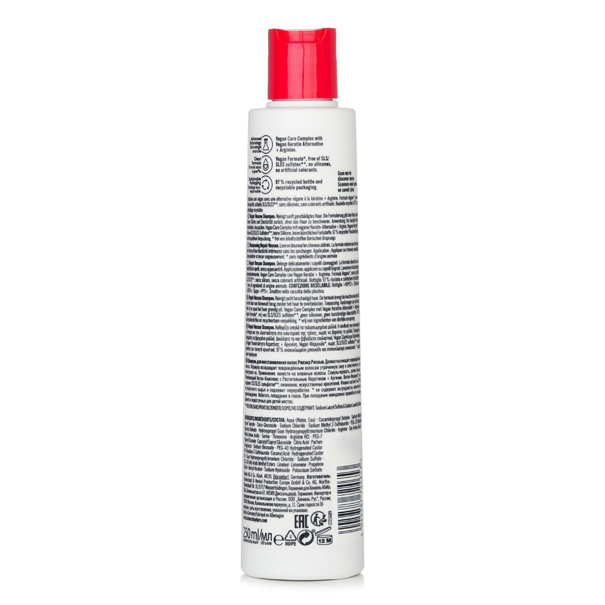 "Schwarzkopf BC Repair Rescue Shampoo Arginine for damaged hair, enriched with vegan keratin and arginine in a 250ml bottle."