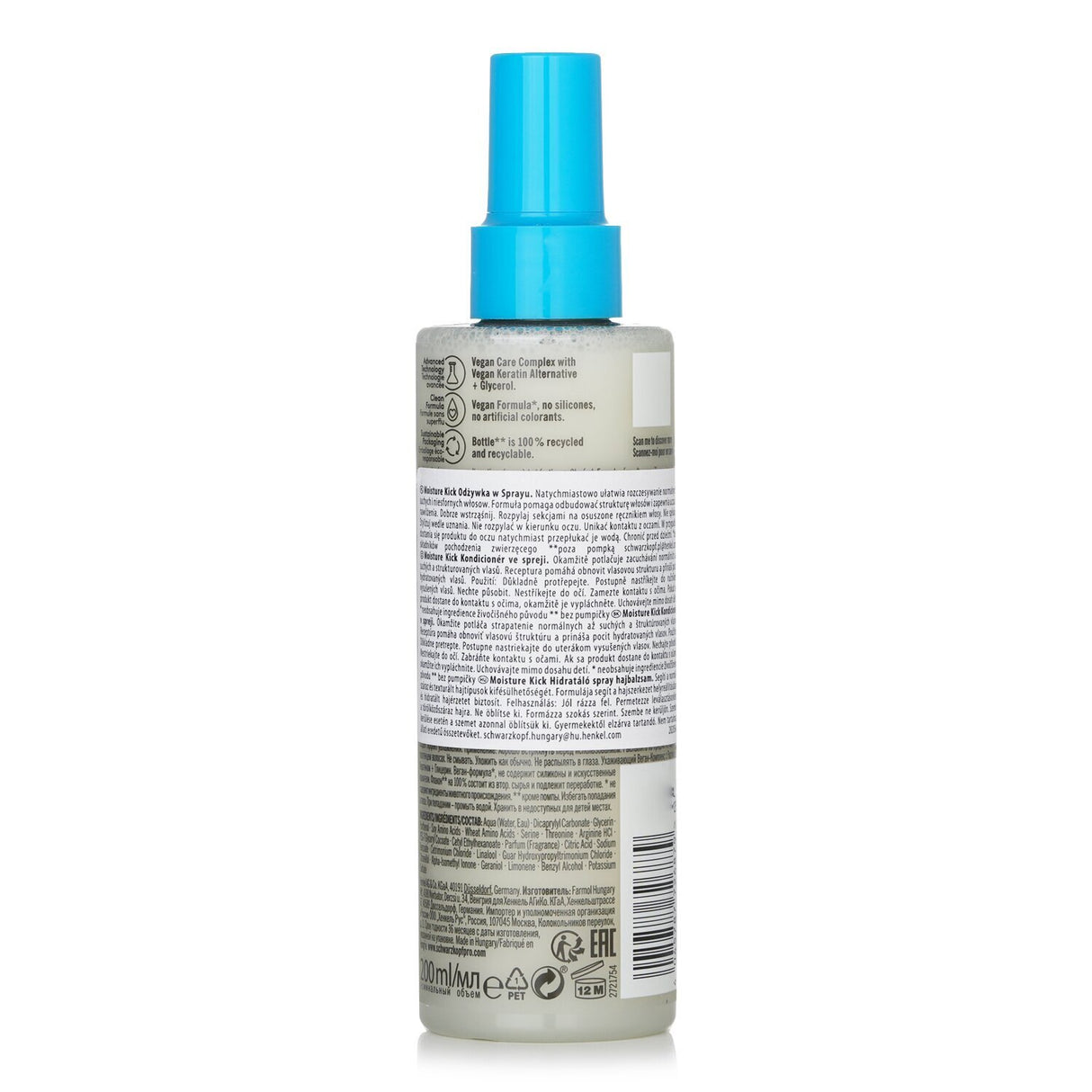 Schwarzkopf BC Moisture Kick Spray Conditioner, a vegan leave-in formula for normal to dry hair, offers hydration and detangling.