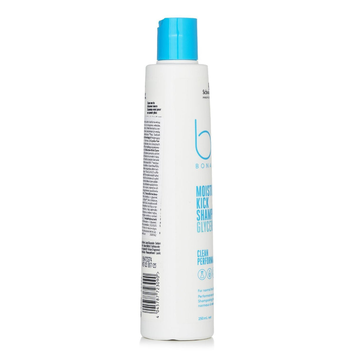 Hydrating Schwarzkopf BC Moisture Kick Shampoo for normal to dry hair, infused with glycerol and hyaluronic acid for moisture balance.