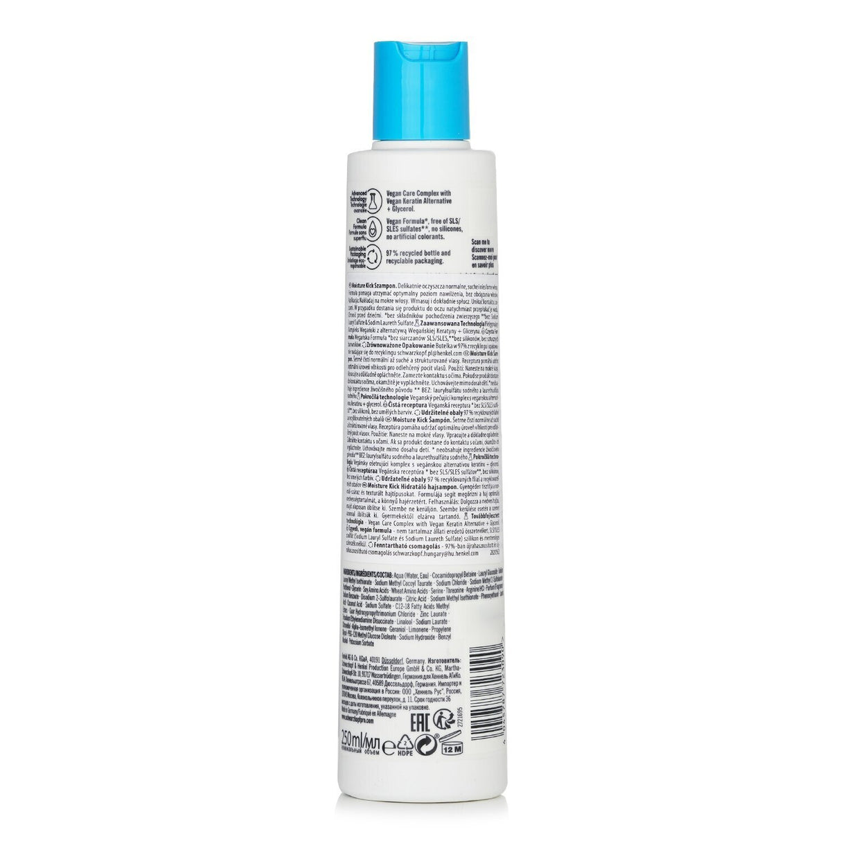 Hydrating Schwarzkopf BC Moisture Kick Shampoo for normal to dry hair, featuring glycerol and hyaluronic acid for soft, healthy locks.