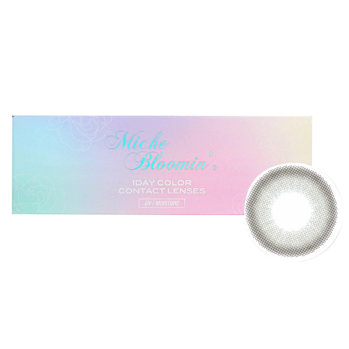 Miche Bloomin' Iris Glow 1 Day Color Contact Lenses in Opal Gray, enhancing eyes with a pearlescent shine and supreme comfort.