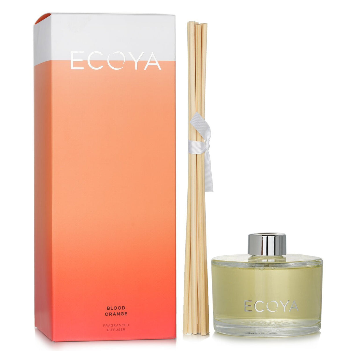 Ecoya Blood Orange Reed Diffuser in a sleek glass jar, offering vibrant citrus scents for up to six months.