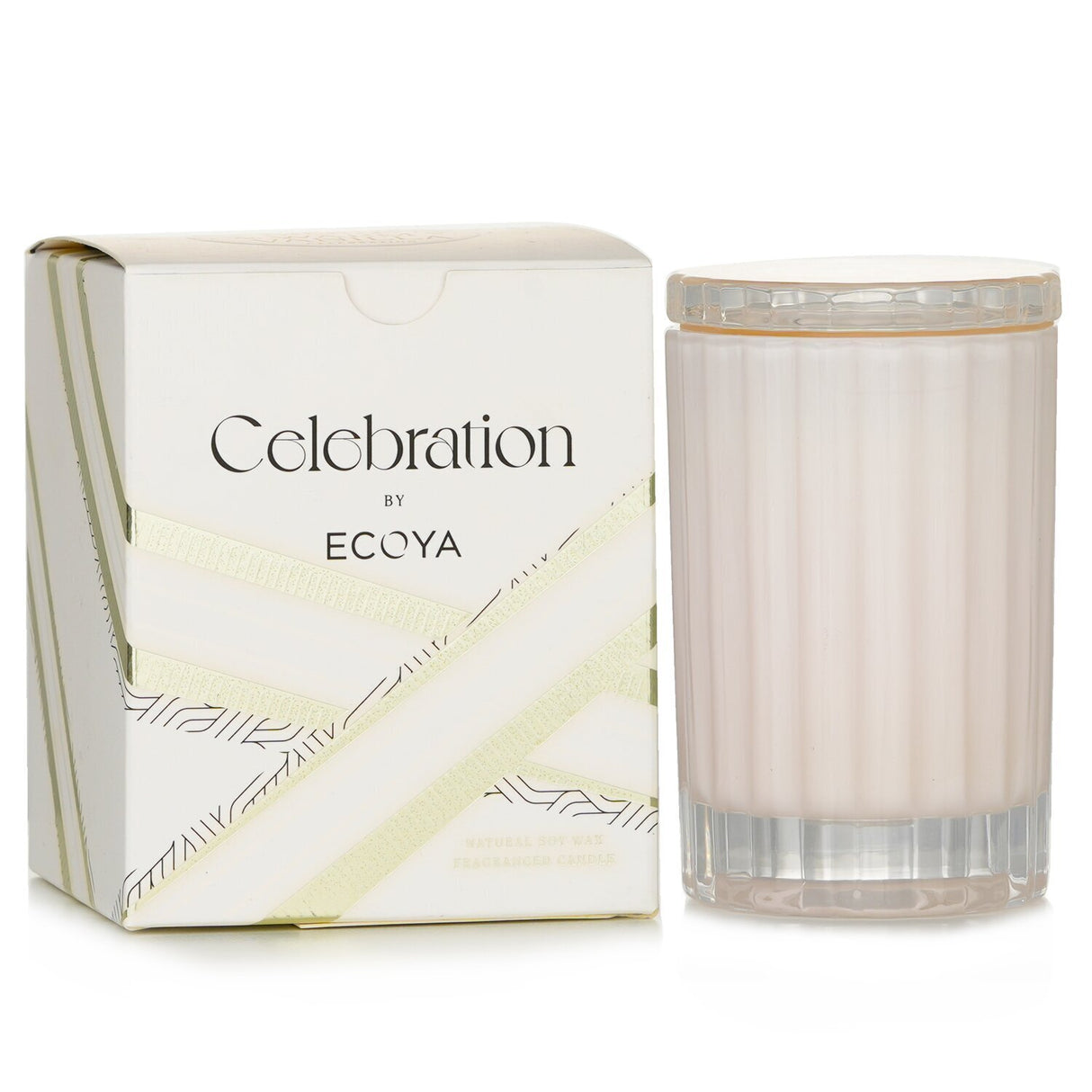 Ecoya Mini Celebration Candle in a cut glass vessel, showcasing the white musk and warm vanilla scent, ideal for elegant gifting.