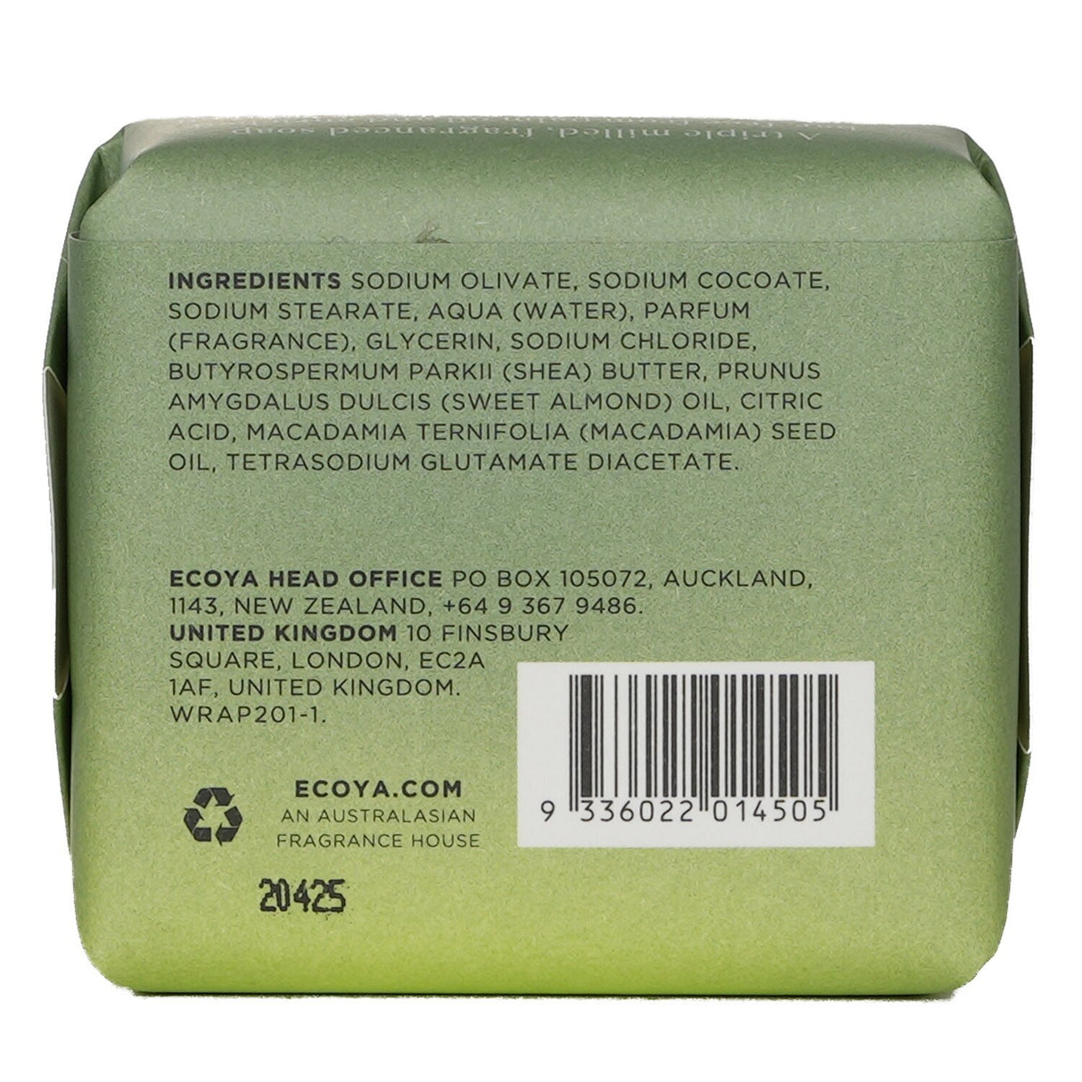 Ecoya French Pear Soap bar, 90g, infused with pear, vanilla, and clove; vegan, palm oil-free, and cruelty-free luxury.