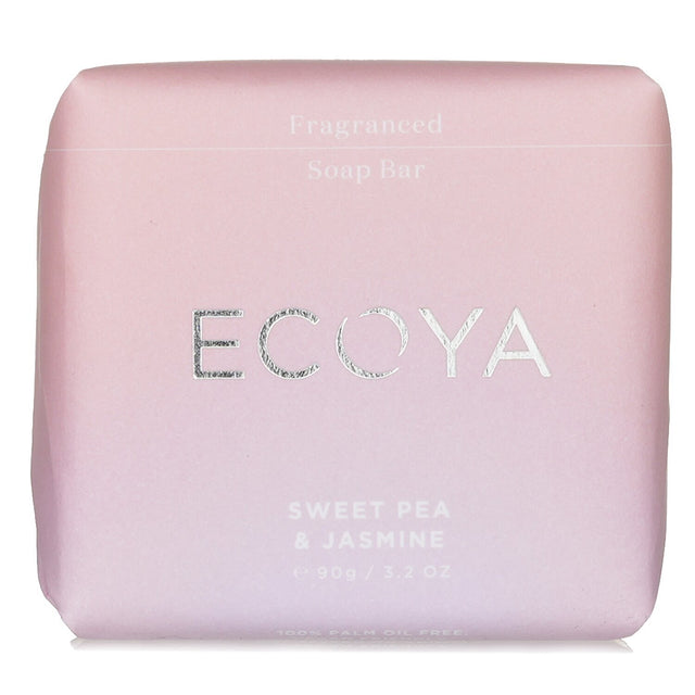 Luxurious Ecoya Soap in Sweet Pea & Jasmine, enriched with shea butter and almond oil, offering a refreshing floral scent.
