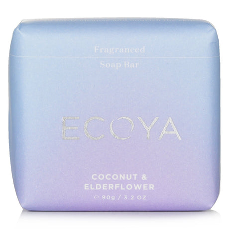 Luxurious Ecoya Coconut & Elderflower soap bar infused with nourishing shea butter and vibrant tropical scents.