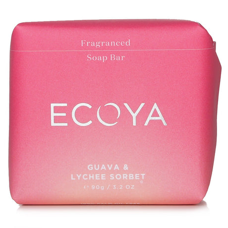 Luxurious Ecoya Guava & Lychee Sorbet Soap bar, 90g, enriched with shea butter and almond oil for a nourishing, fruity cleanse.