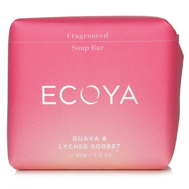 Luxurious Ecoya Guava & Lychee Sorbet Soap bar, 90g, enriched with shea butter and almond oil for a nourishing, fruity cleanse.