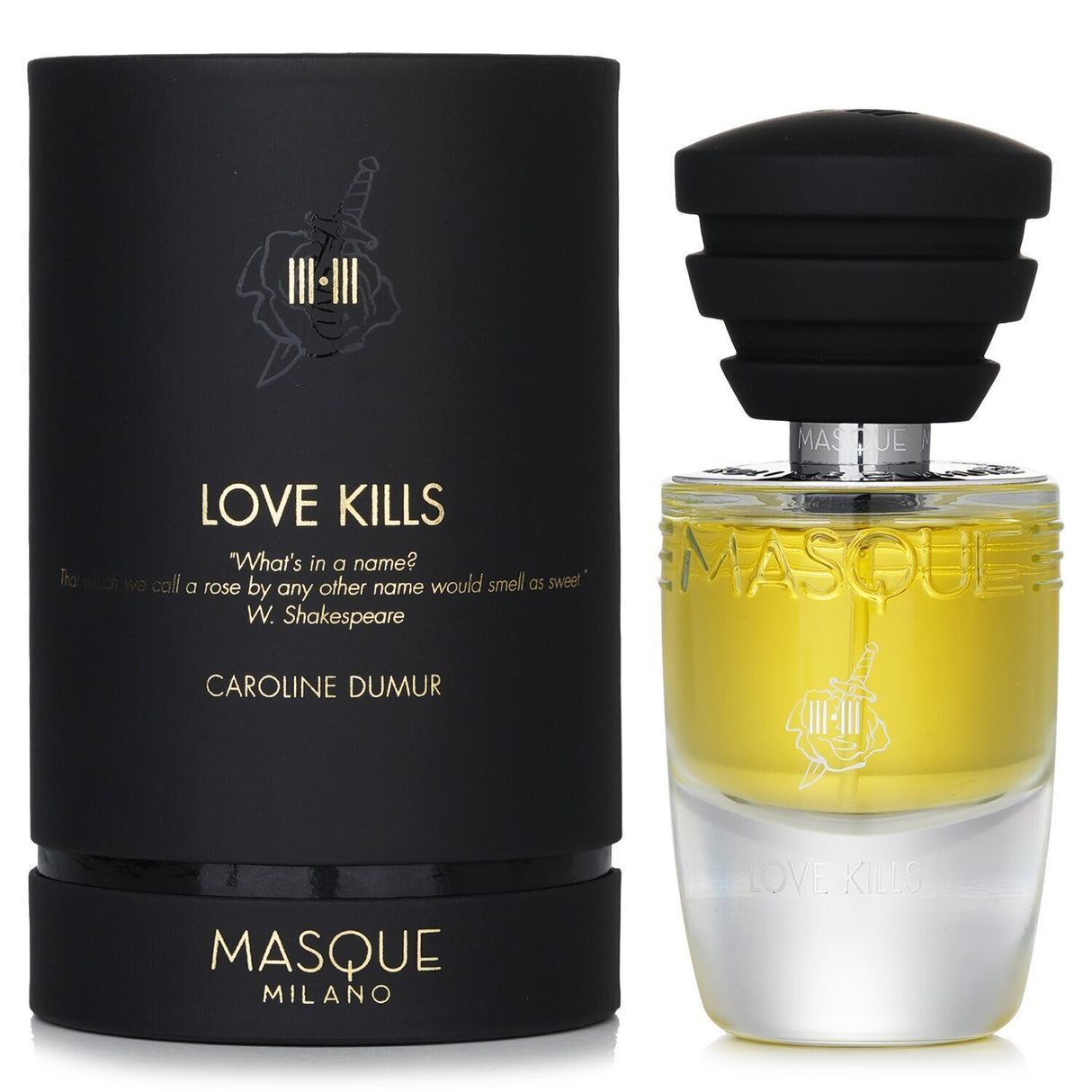 Floral eau de parfum featuring Turkish rose and patchouli, symbolizing love with a rose and dagger bottle design.