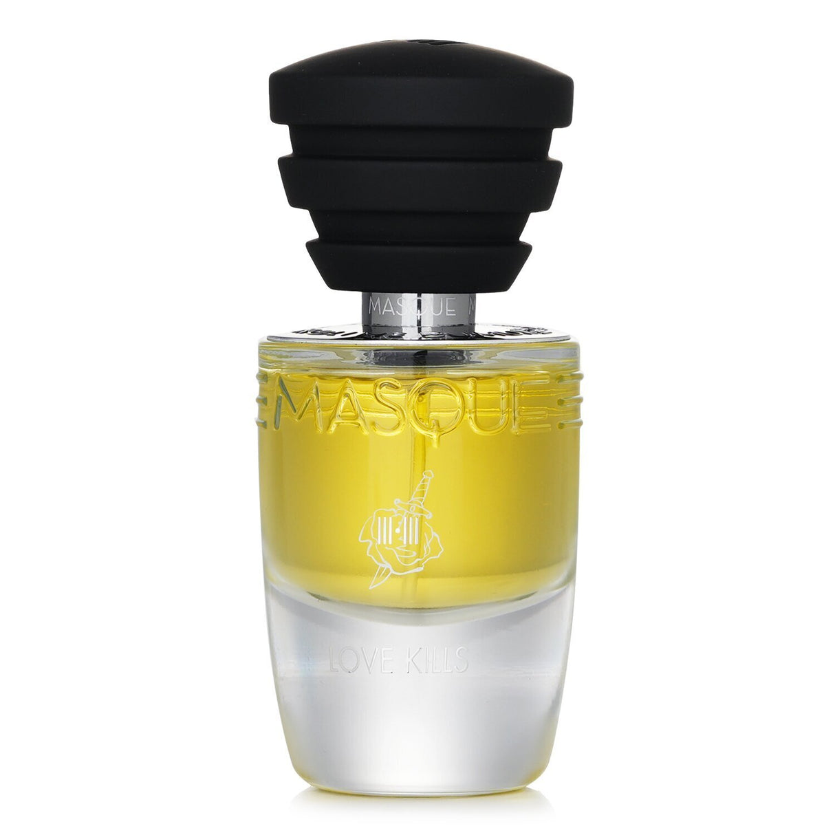 Floral fragrance Masque Milano - Love Kills in a 35ml bottle, featuring Turkish rose and a striking rose-dagger design.