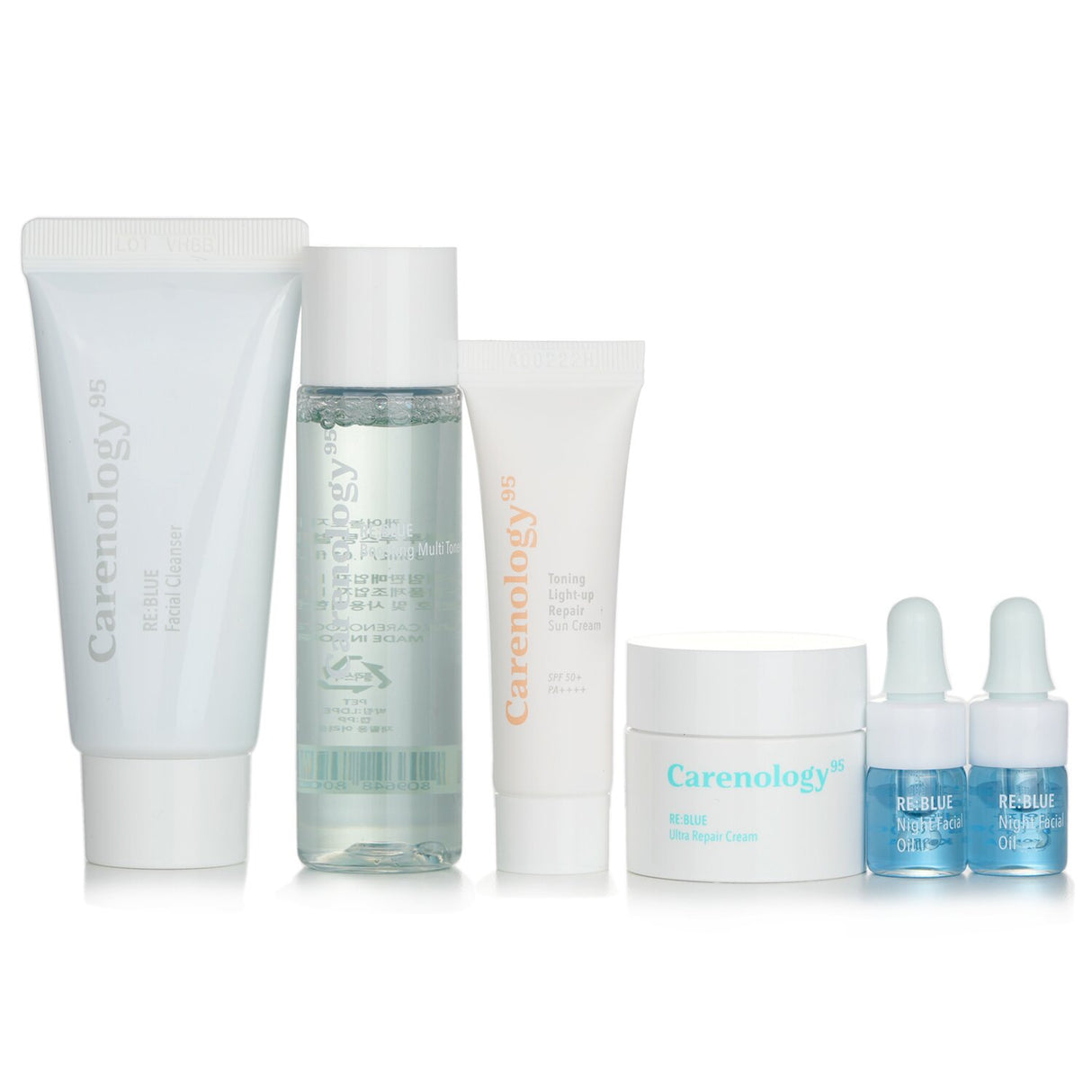 Compact 5-piece skincare set featuring cleansing, toning, moisturizing, and sun protection products for all skin types.