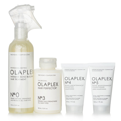 Olaplex Best Of The Bond Builders Pack: 4-piece hair care set for repair, including treatment, perfector, shampoo, and conditioner.