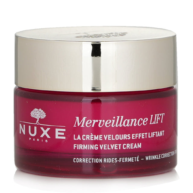 Nuxe Merveillance Lift Firming Velvet Cream in a 50ml jar, offers anti-aging benefits with a natural formula for youthful skin.