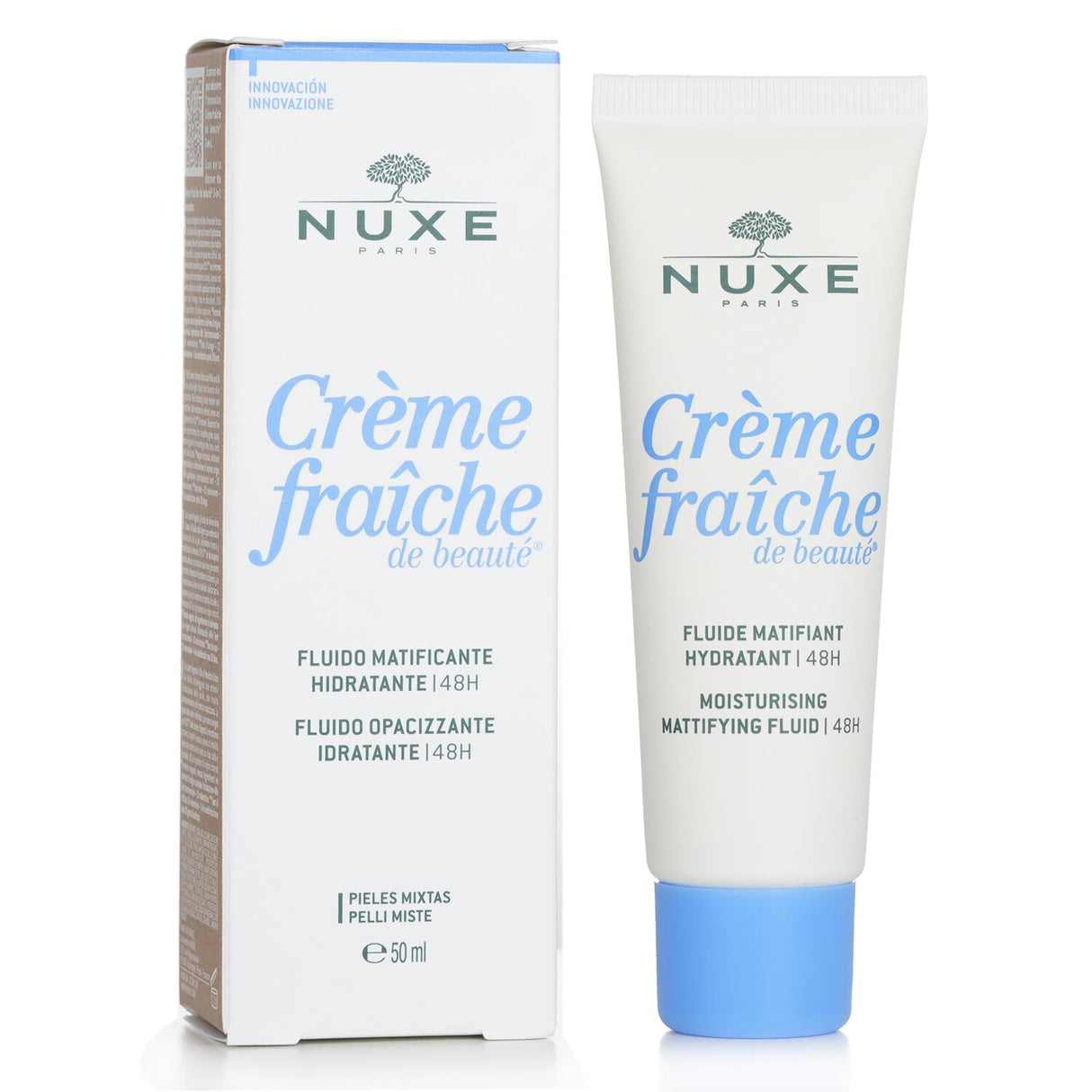 Vegan 48H moisturizing fluid for combination skin, enriched with natural ingredients for hydration and a matte finish.