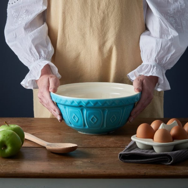 Turquoise Mason Cash mixing bowl, 24cm, 2L, chip-resistant, microwave and dishwasher safe, perfect for baking with kids.