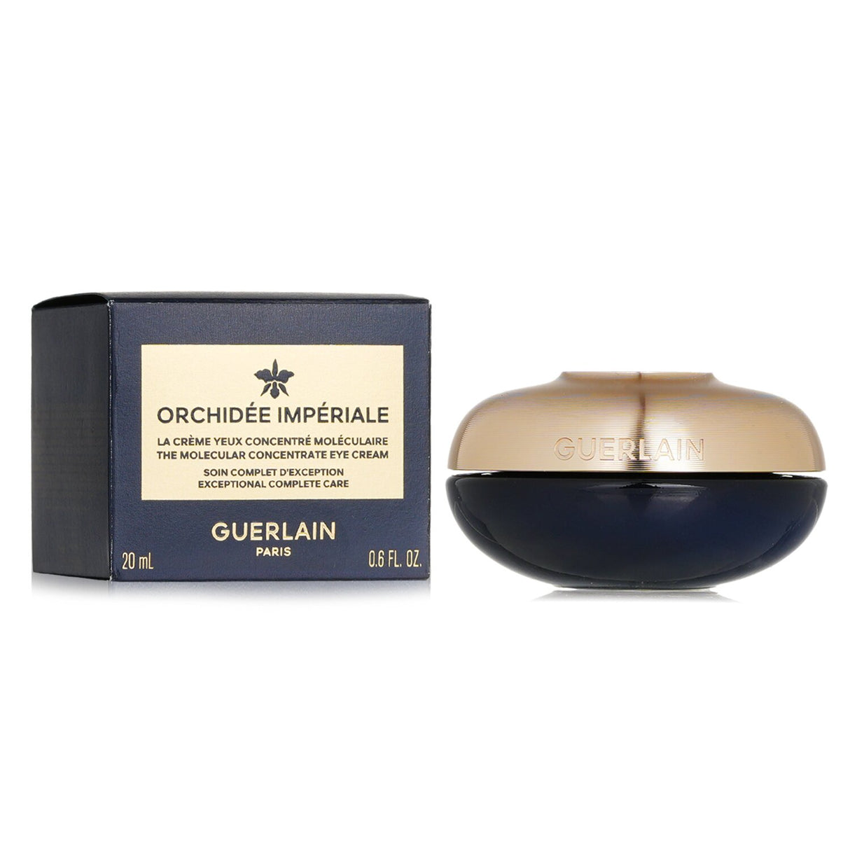 Guerlain Orchidee Imperiale eye cream in a sleek 20ml jar, featuring innovative gel-cream texture and a rejuvenating massage tool.
