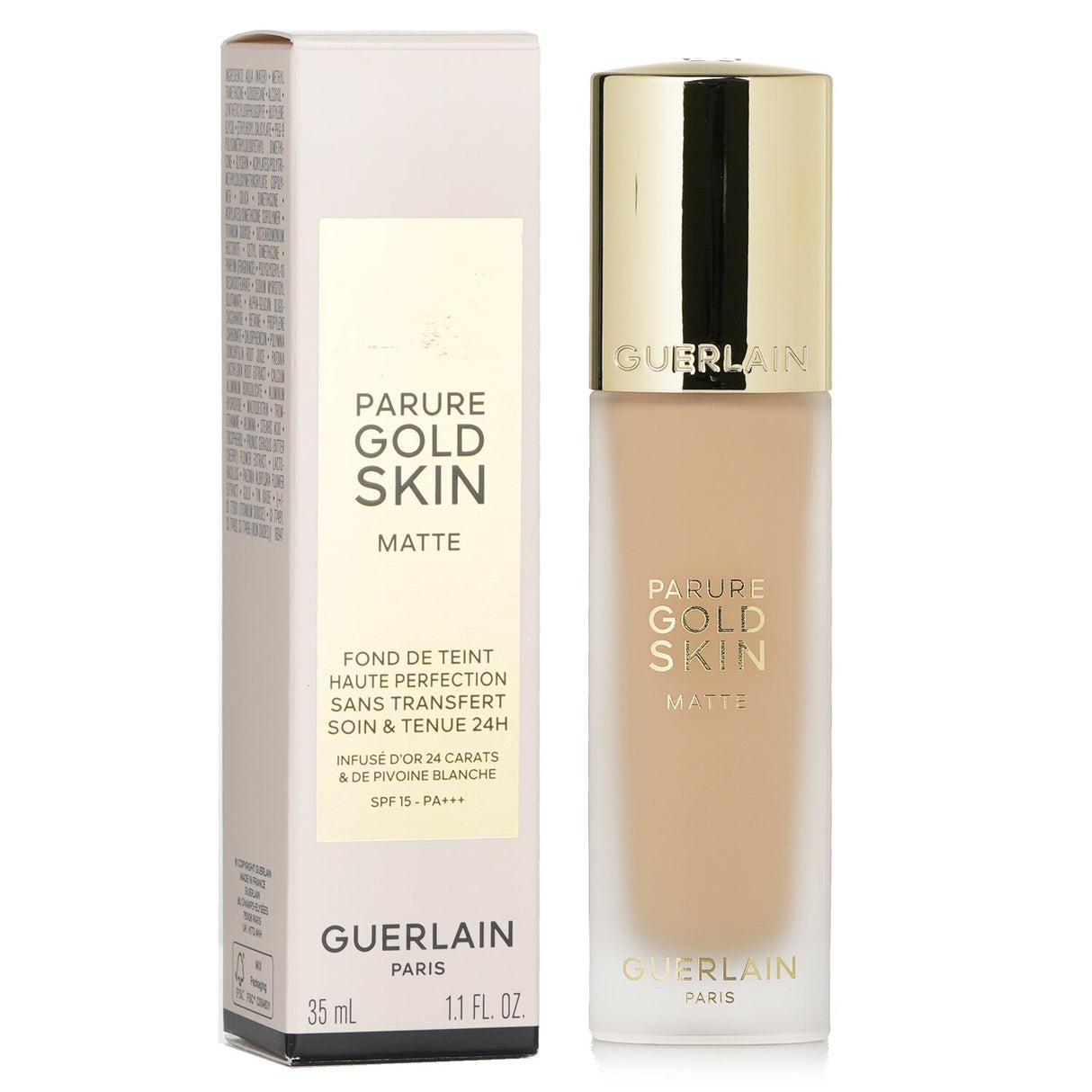 Guerlain Parure Gold Skin Matte Foundation SPF15 in #0N Neutral offers luxurious hydration and a luminous matte finish in a chic glass bottle.