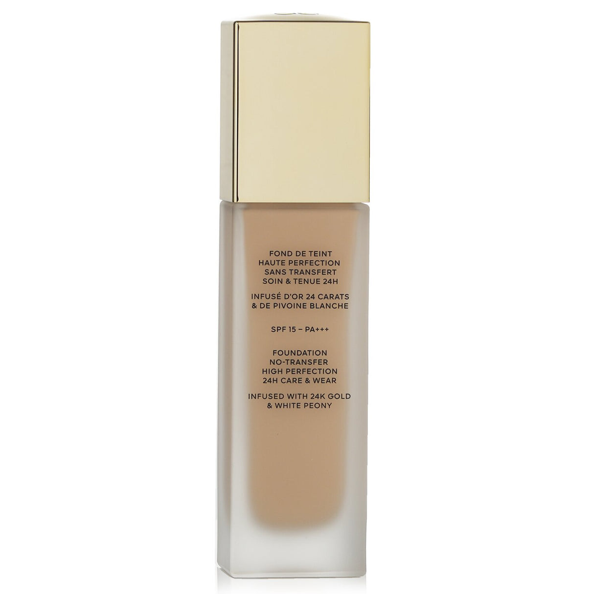 Guerlain Parure Gold Skin Matte Foundation SPF15 #0N Neutral in elegant glass bottle, offering luminous matte finish and 24K gold infusion.