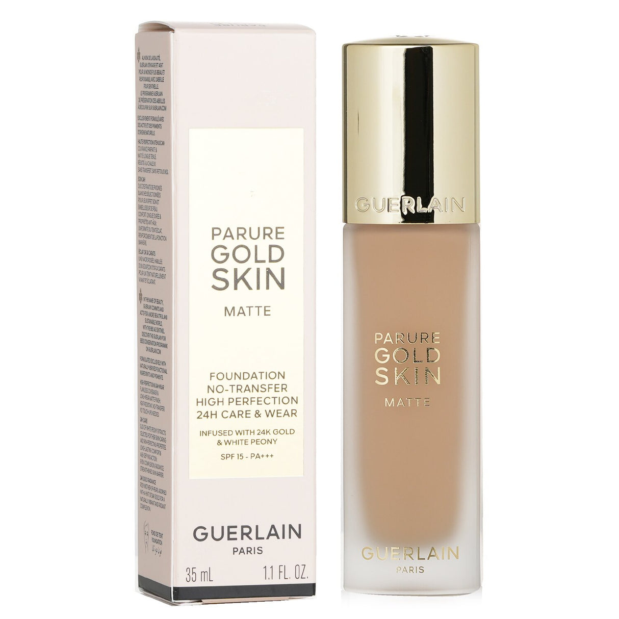 Luxurious Guerlain Parure Gold Skin Matte Foundation SPF15 #1N Neutral in frosted glass for a flawless, matte finish.