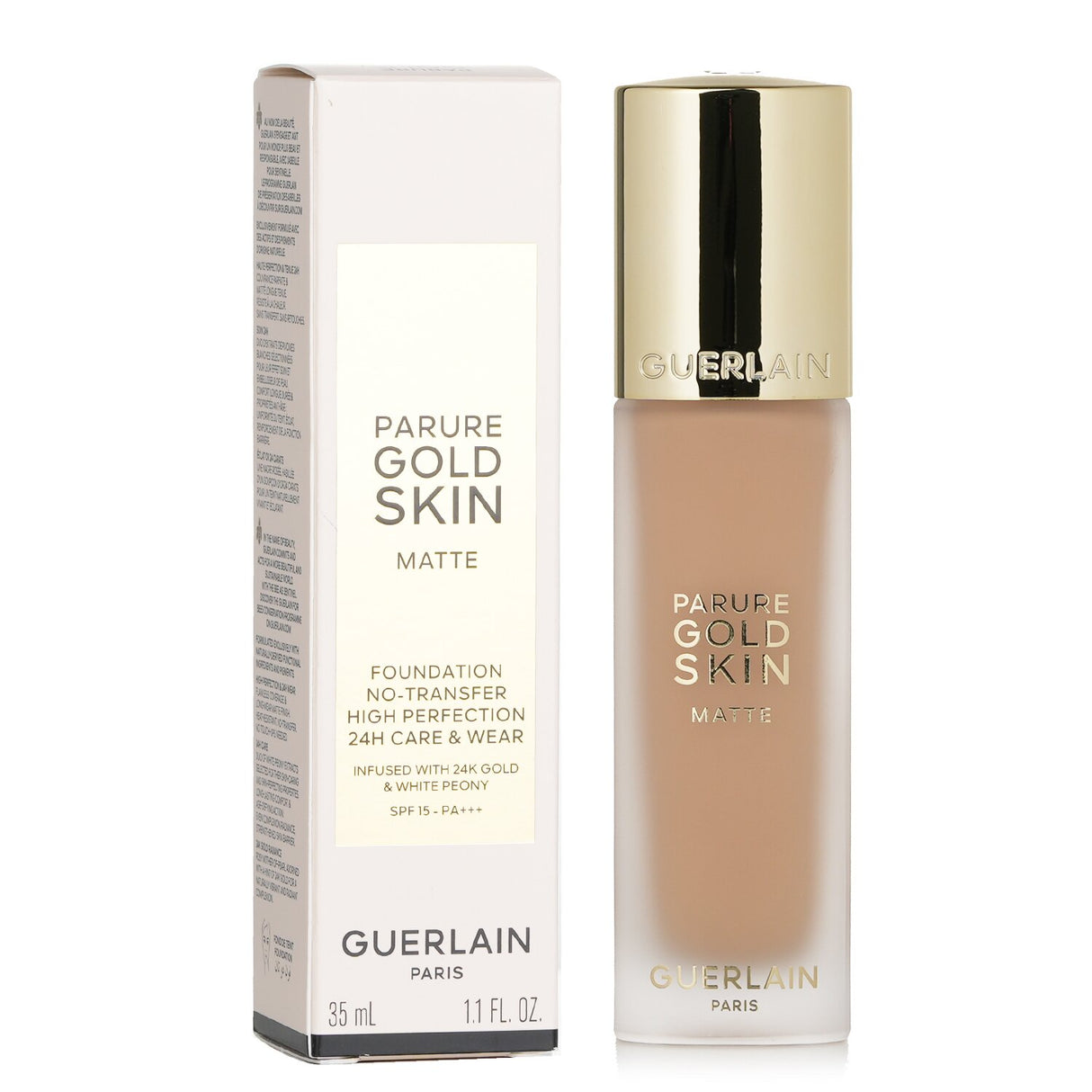 Guerlain Parure Gold Skin Matte Foundation in #2N Neutral, showing luxurious glass packaging with gold accents and SPF 15 protection.