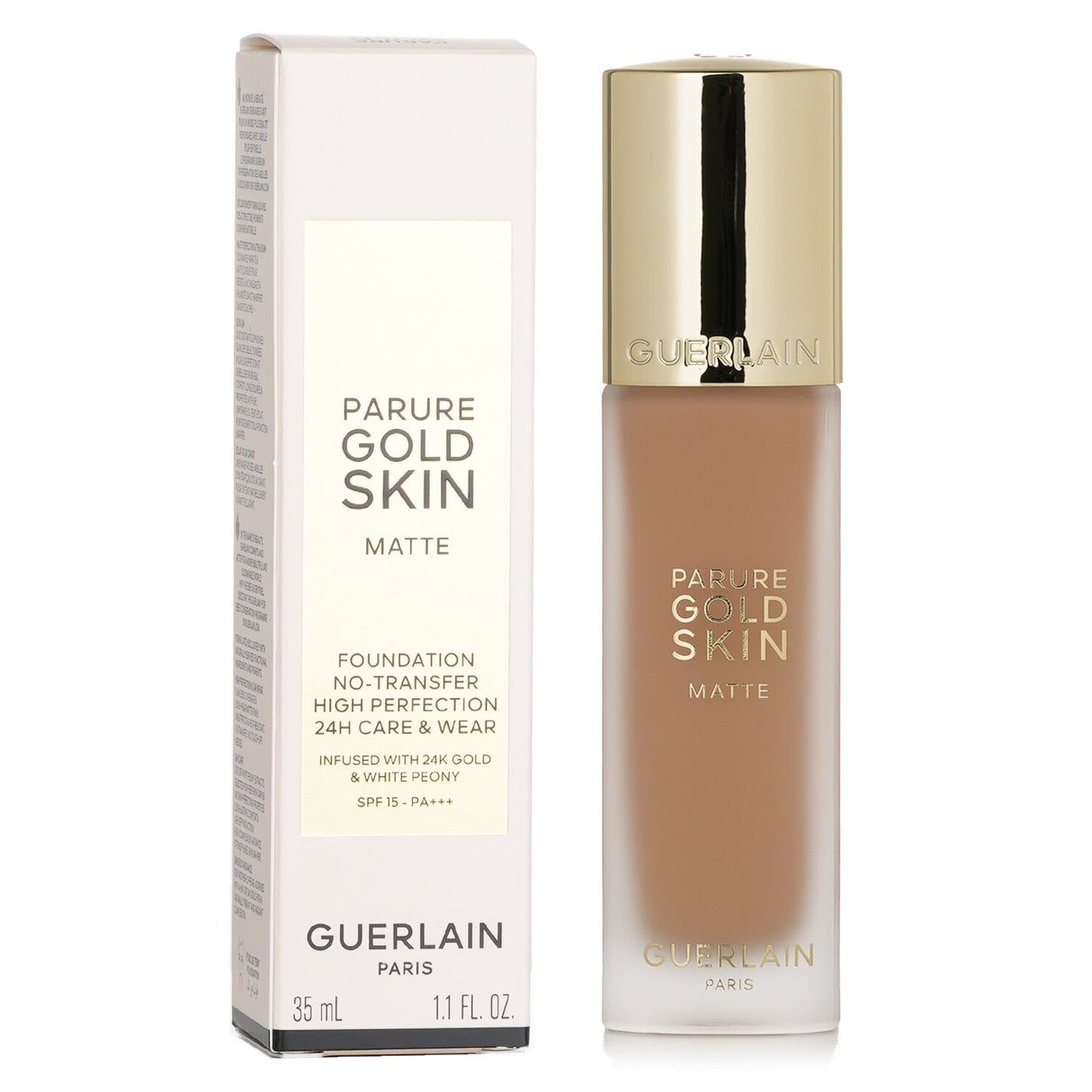 Guerlain Parure Gold Skin Matte Foundation SPF15 in #3N Neutral, promoting luminous skin with 24K gold and UV protection.