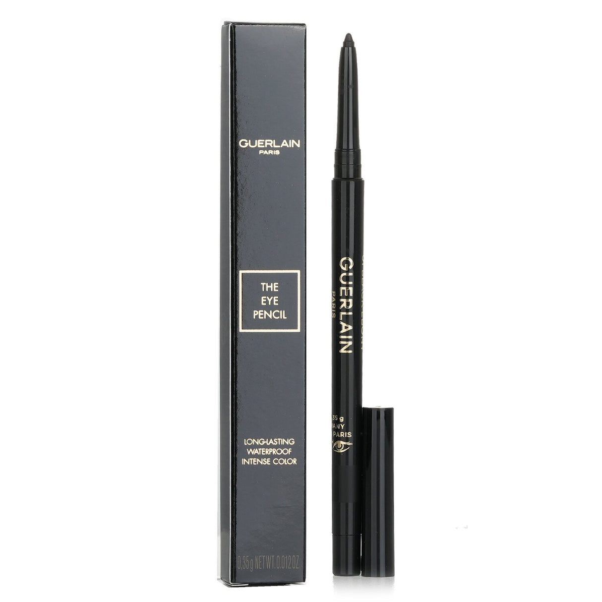 Guerlain Eye Pencil in #01 Black, waterproof, creamy texture for intense color and long-lasting wear, includes sharpener.