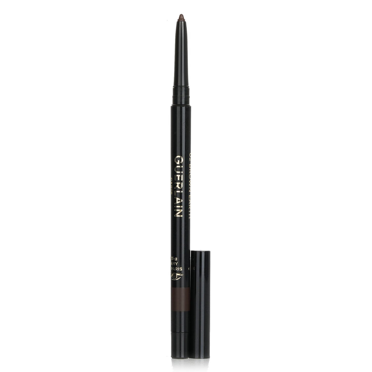 Guerlain #02 Brow Eye Pencil in sleek black casing, featuring intense color, waterproof formula, and convenient sharpener.