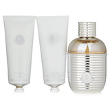 Moncler Pour Femme Eau De Parfum set, featuring 100ml perfume, shower gel, and body cream in elegant packaging.