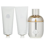 Moncler Pour Femme fragrance set featuring 100ml Eau De Parfum, Shower Gel, and Body Cream for a luxurious experience.