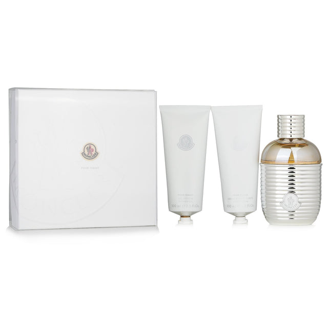 Moncler Pour Femme Eau De Parfum set featuring 100ml perfume, shower gel, and body cream, embodying elegance and luxury.