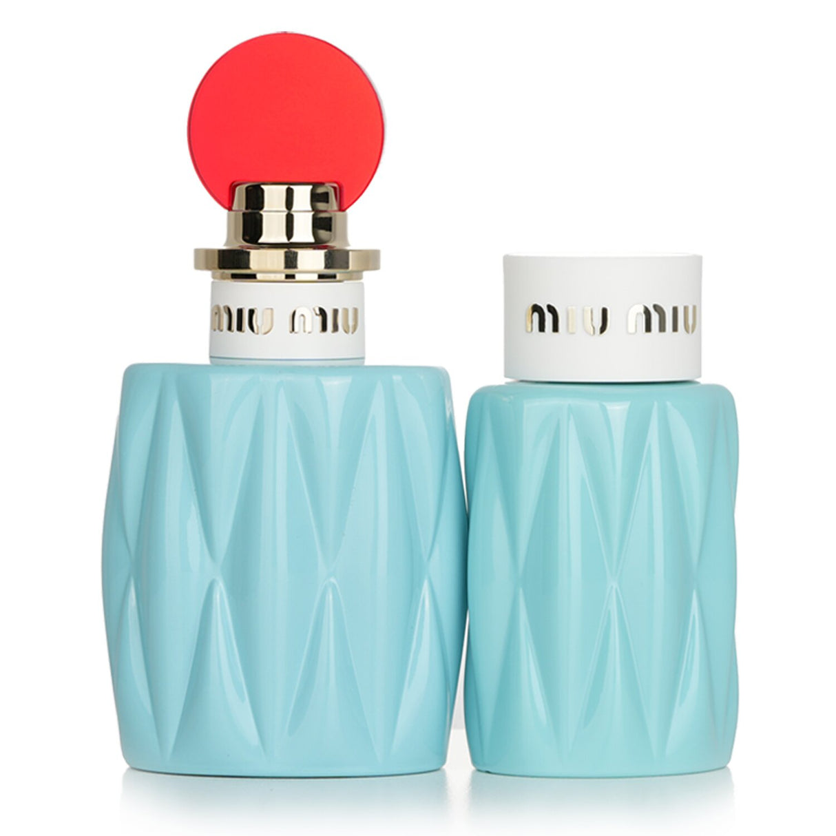 Set of Miu Miu Eau De Parfum Spray and Body Lotion, featuring floral and woody notes for a luxurious fragrance experience.