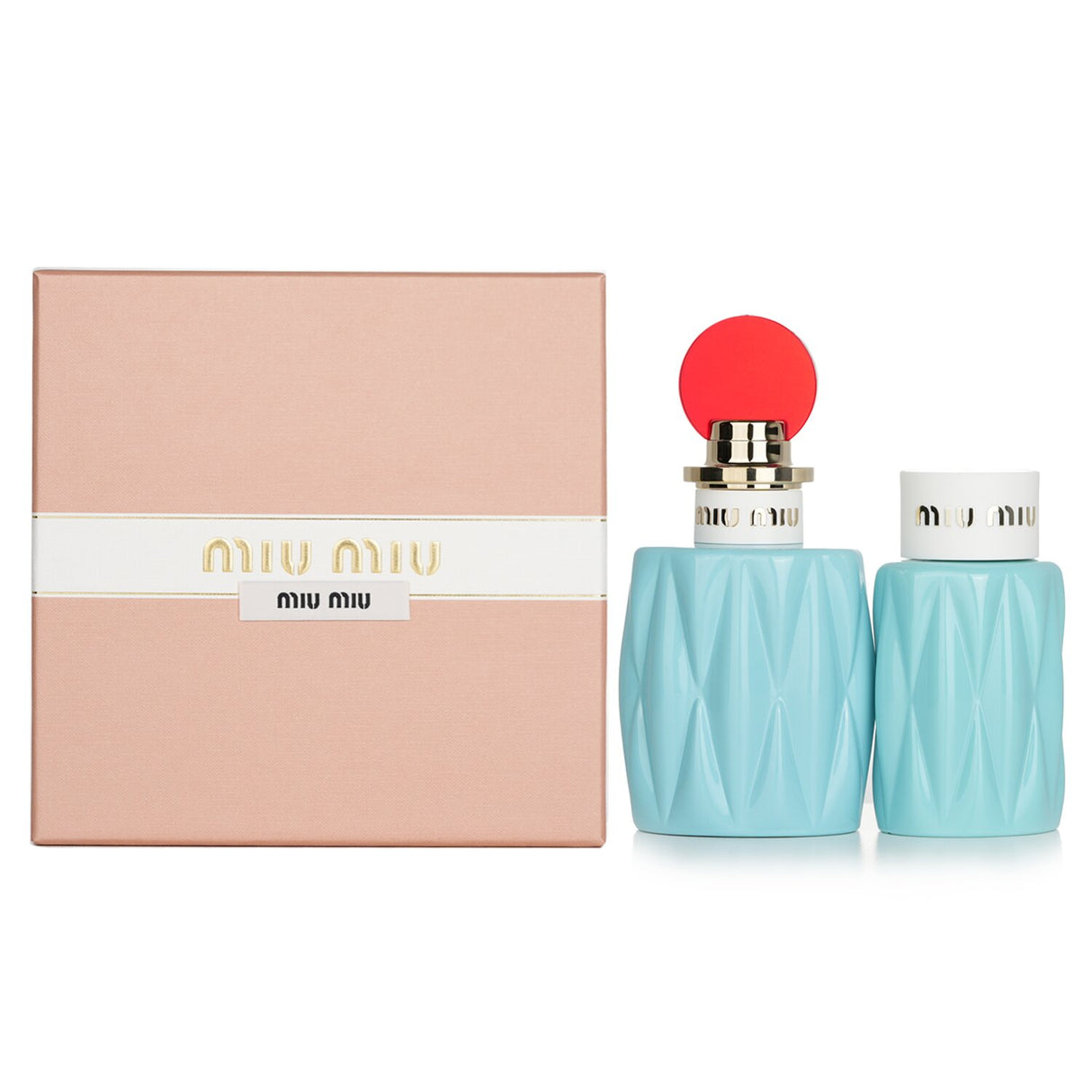 Miu Miu Eau De Parfum Spray Set featuring 100ml perfume and 100ml body lotion for a luxurious fragrance experience.