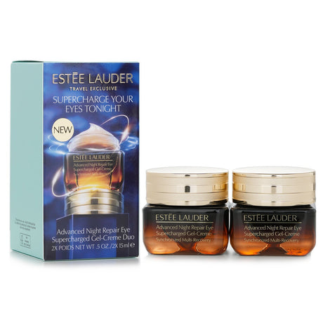 Estee Lauder's Advanced Night Repair Eye Gel-Creme Duo in travel size combats aging signs with antioxidants and hydrating ingredients.