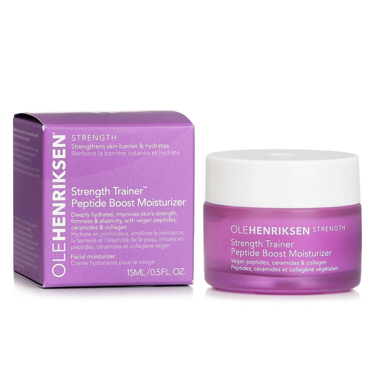 Ole Henriksen Strength Trainer Peptide Boost Moisturizer in 15ml, a vegan balm-to-gel hydrator for firmer, youthful skin.